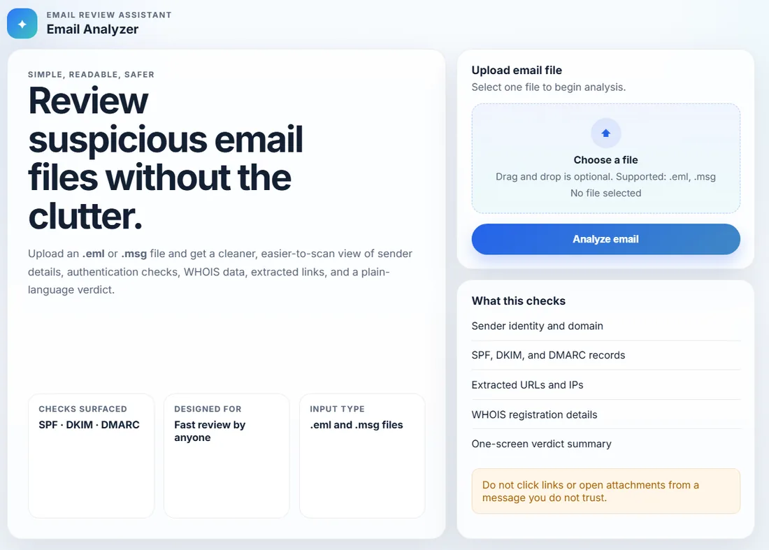 Email Analyzer report showing sender, SPF/DKIM/DMARC, and URL findings