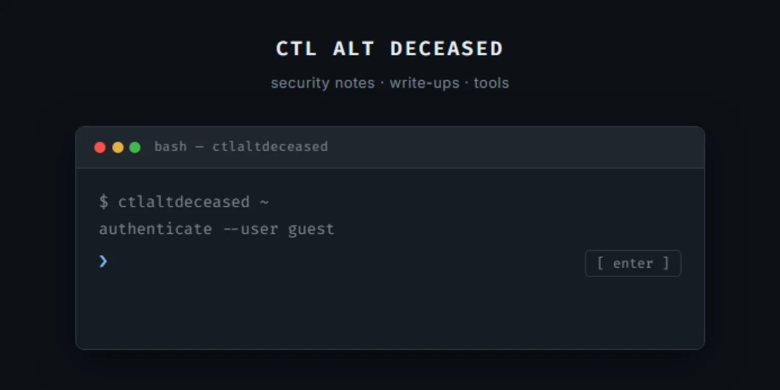 ctlaltdeceased.com landing page with a terminal-style guest authentication prompt