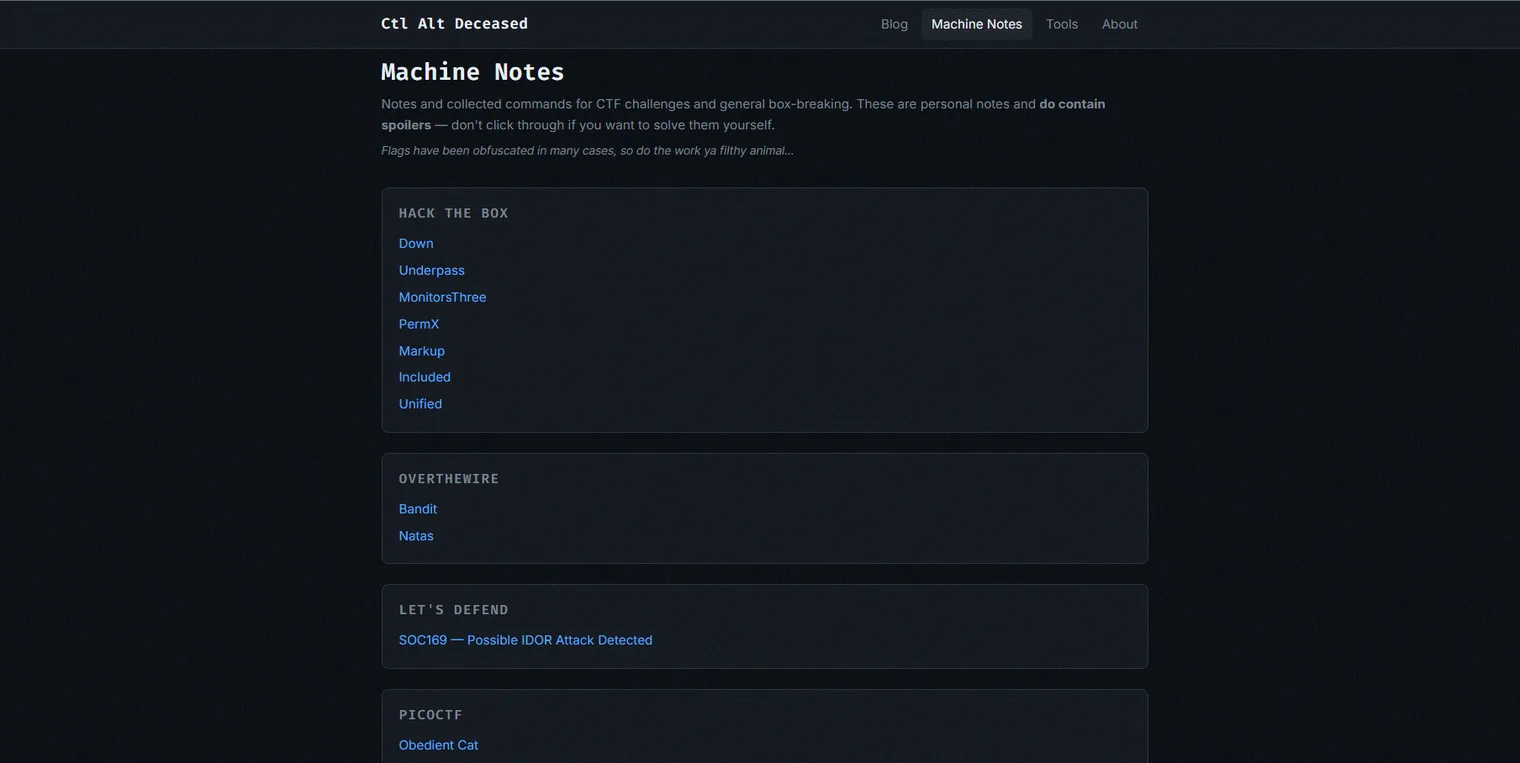 Machine Notes index grouped by Hack The Box, OverTheWire, Let's Defend, and picoCTF