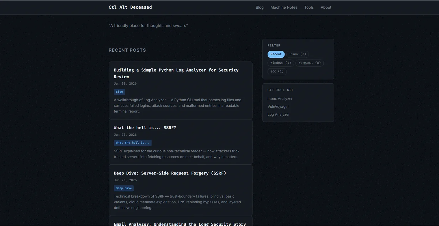 Recent posts feed with a tag filter and tool kit sidebar