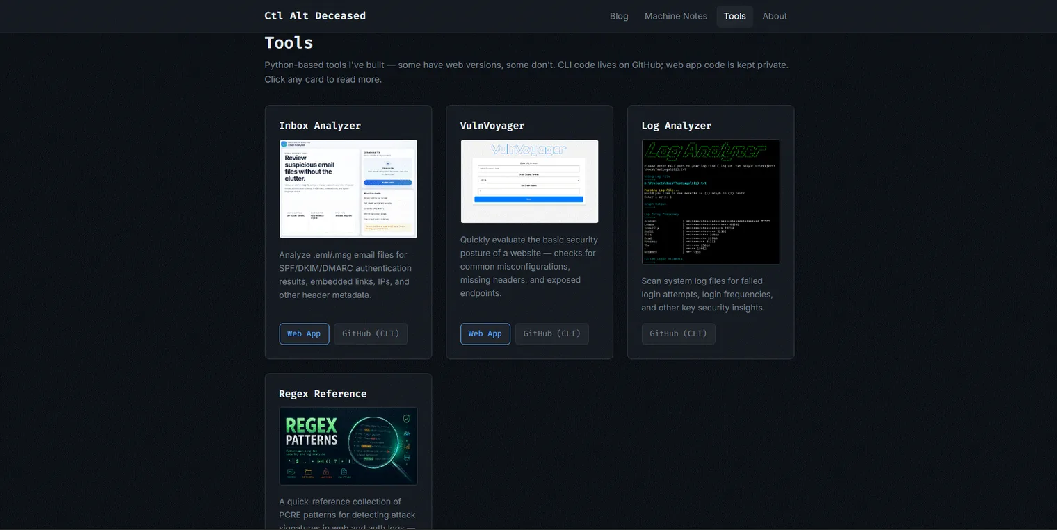 Tools page with cards for Inbox Analyzer, VulnVoyager, Log Analyzer, and Regex Reference